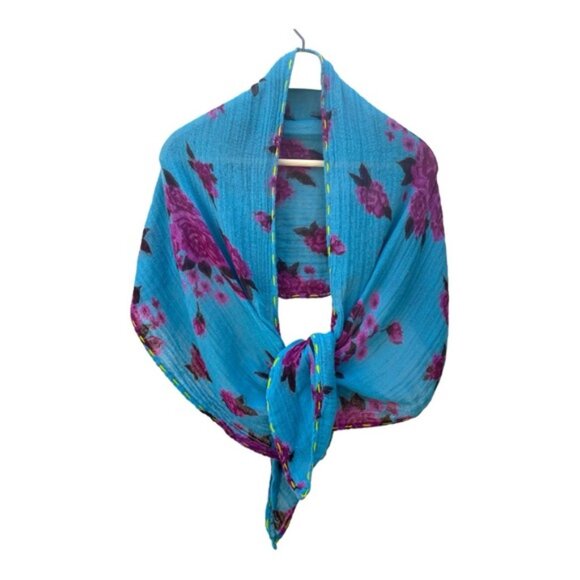 Turquoise & Fushia Floral Printed Scarf 16"x 65" - Picture 2 of 8